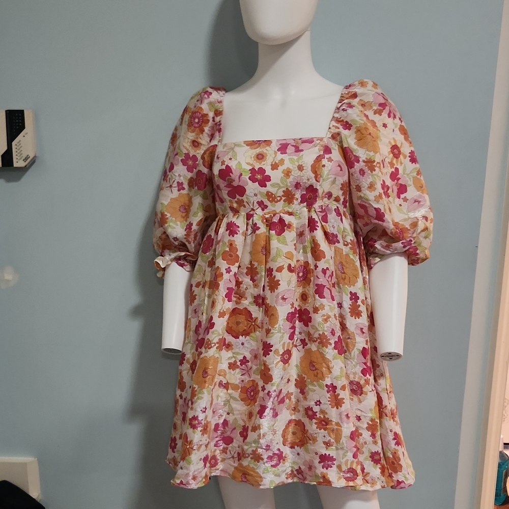 Storia Pink & Yellow Floral Puff-Sleeve Dress